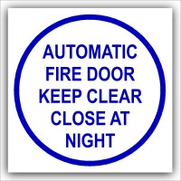 1 x Automatic Fire Door Keep Clear Close at Night-87mm,Blue on White-Health and Safety Security Door Warning Sticker Sign-87mm,Blue on White-Health and Safety Security Door Warning Sticker Sign
